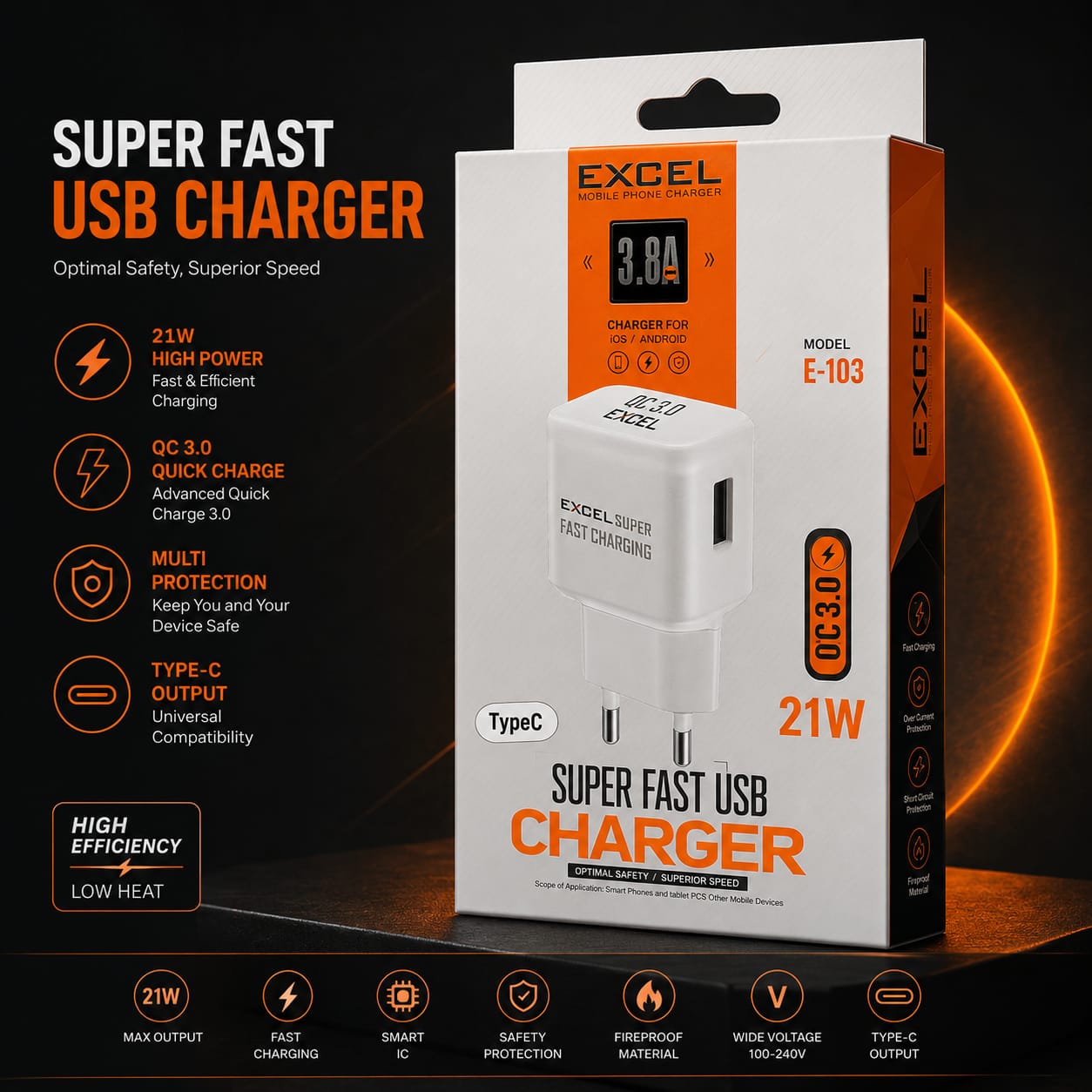 Excel E-103 21W Super Fast USB Charger (QC 3.0)